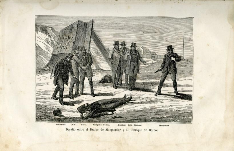 Desafío entre el Duque de Monpensier y D. Enrique de Borbón, xilografía de Tomás Padró y Pedret (1870)