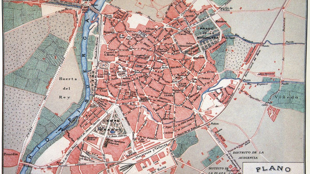 Mapa de Montaner y Simón de 1897, que señala algunos fielatos (Puente Mayor, calle Puente Colgante y calle del Carmen).