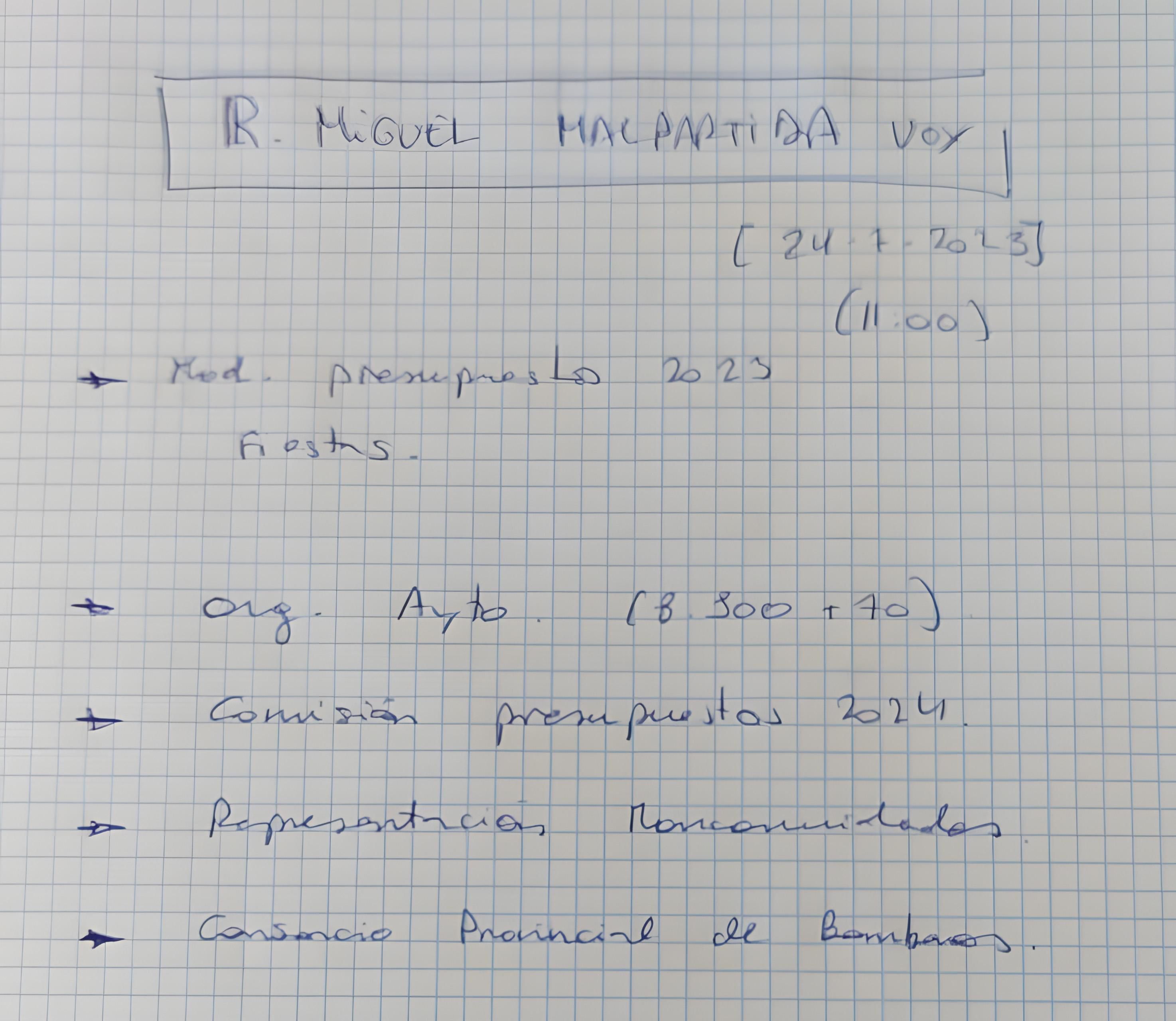 Documento manuscrito aportado por Vox en Pioz