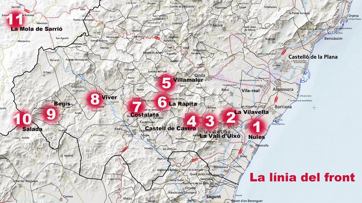 Relació d’espais i poblacions que foren escenaris de combats i que quedaren formant part de la línia de contacte del front estabilitzat (molts d’ells coincidents amb la Línia XYZ) i que seran estudiats en pròxims articles de la sèrie. 