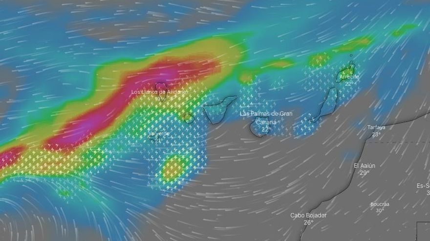 Situación prevista este domingo en Canarias, con la llegada de fuertes lluvias y tormentas