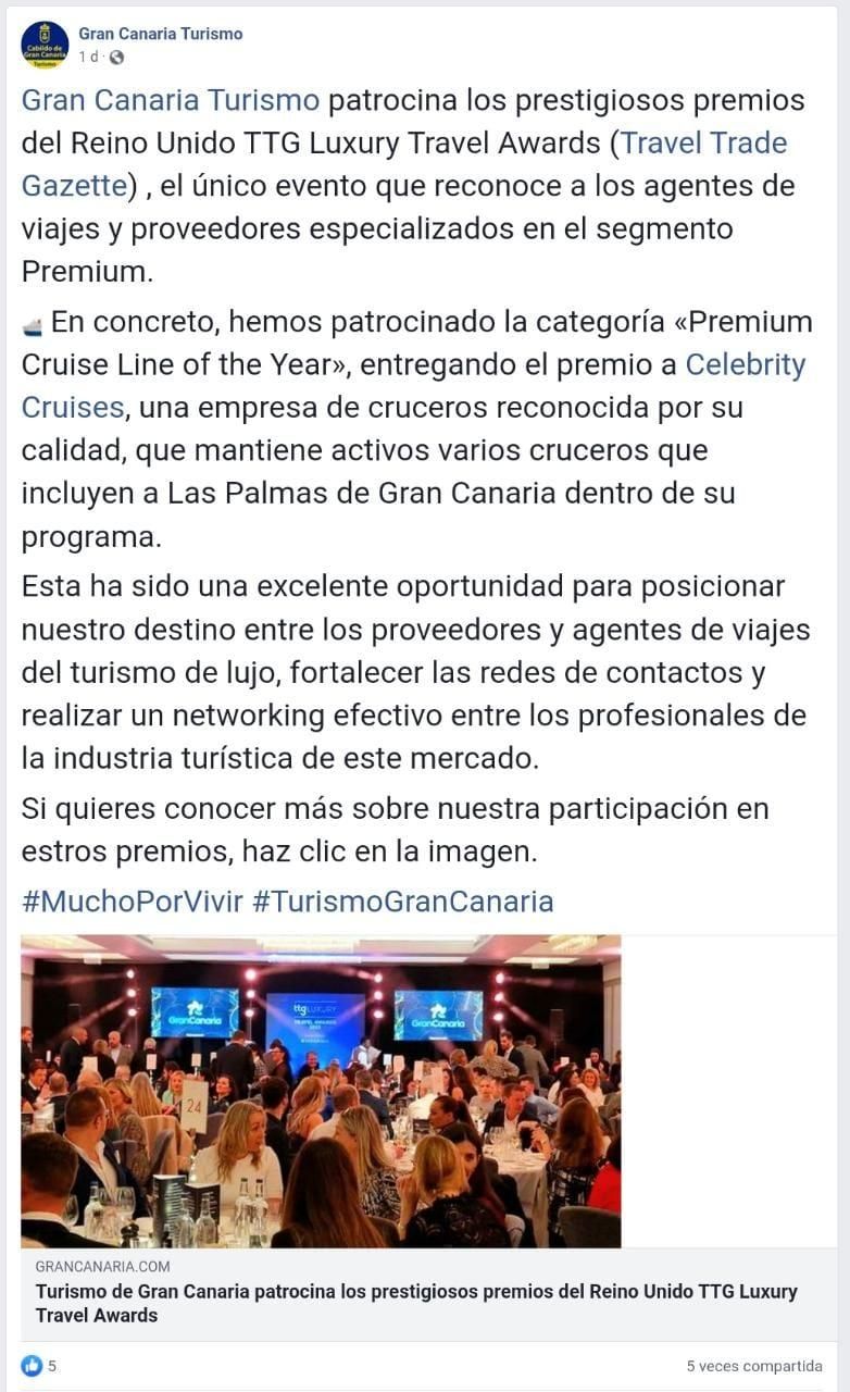 Publicación con más interacciones sobre la participación de Gran Canaria en los TTG Luxury Travel Awards