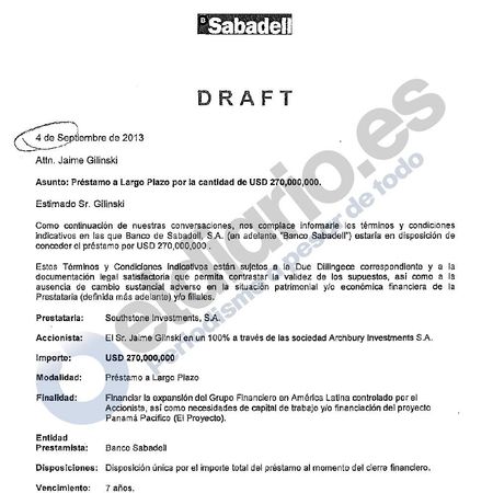 Borrador del contrato de préstamo presentado a Gilinski cinco días antes de darle entrada en su capital.