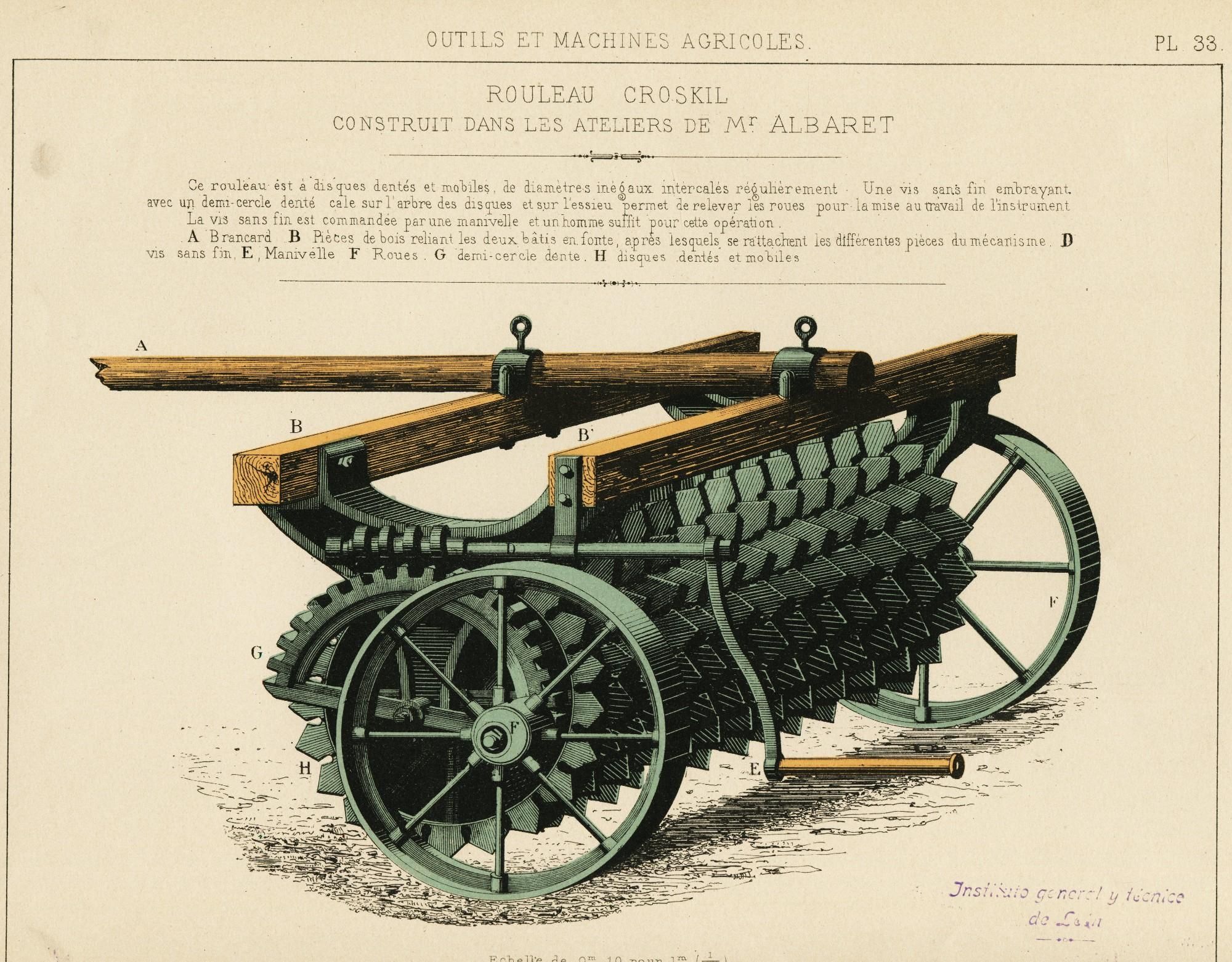 Lámina del siglo XIX que ilustra maquinaria agrícola desconocida en León.