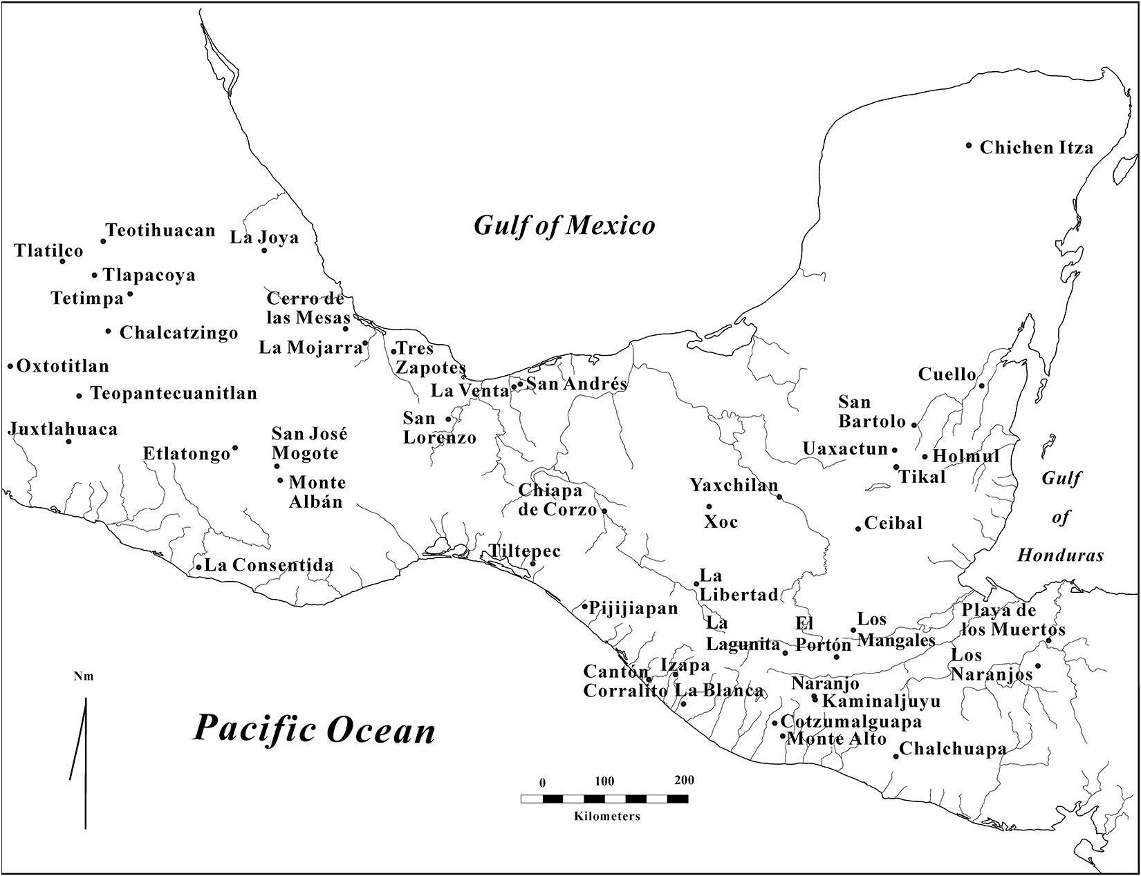 Mapa de Mesoamérica que muestra la ubicación de La Blanca y otros sitios del Preclásico mencionados en el texto. Mapa de Michael Love.