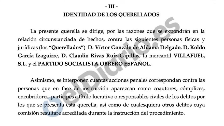 La querella del PP pide que se impute al PSOE en base a testimonios anónimos publicados por un medio
