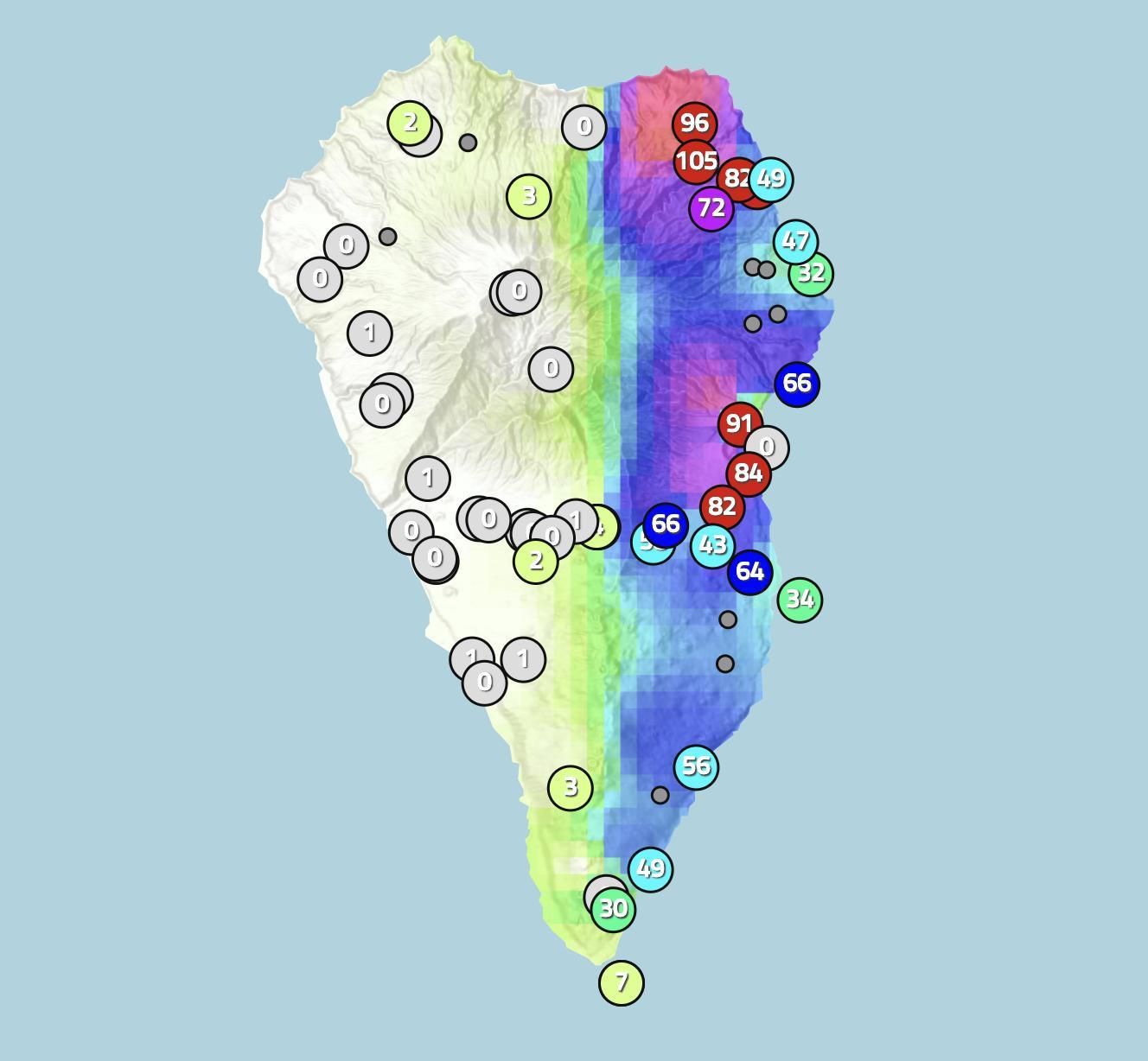 Mapa de Apalmet donde se indica la lluvia caída en distintos puntos de La Palma hasta las 18.55 horas de este sábado, 2 de diciembre.