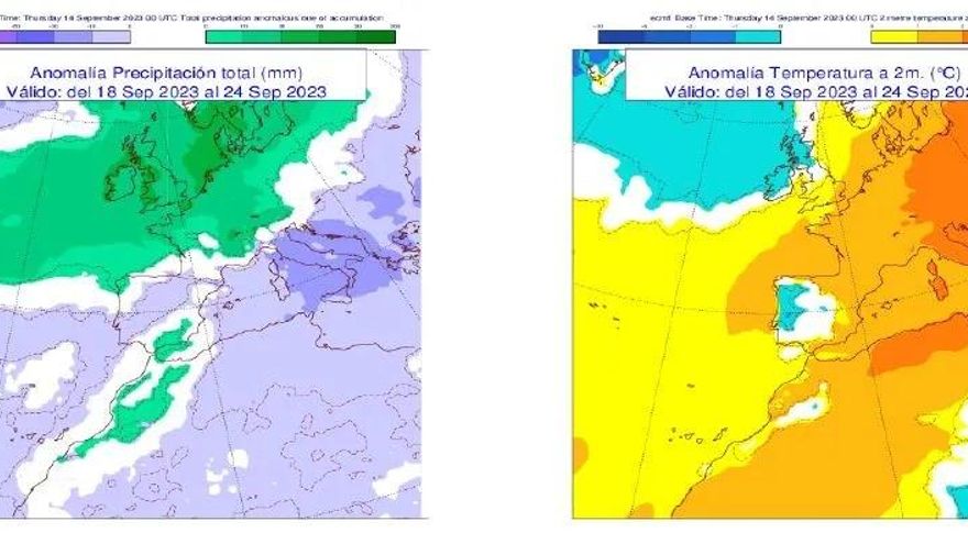 Anomalía de temperaturas y precipitaciones prevista para esta semana.