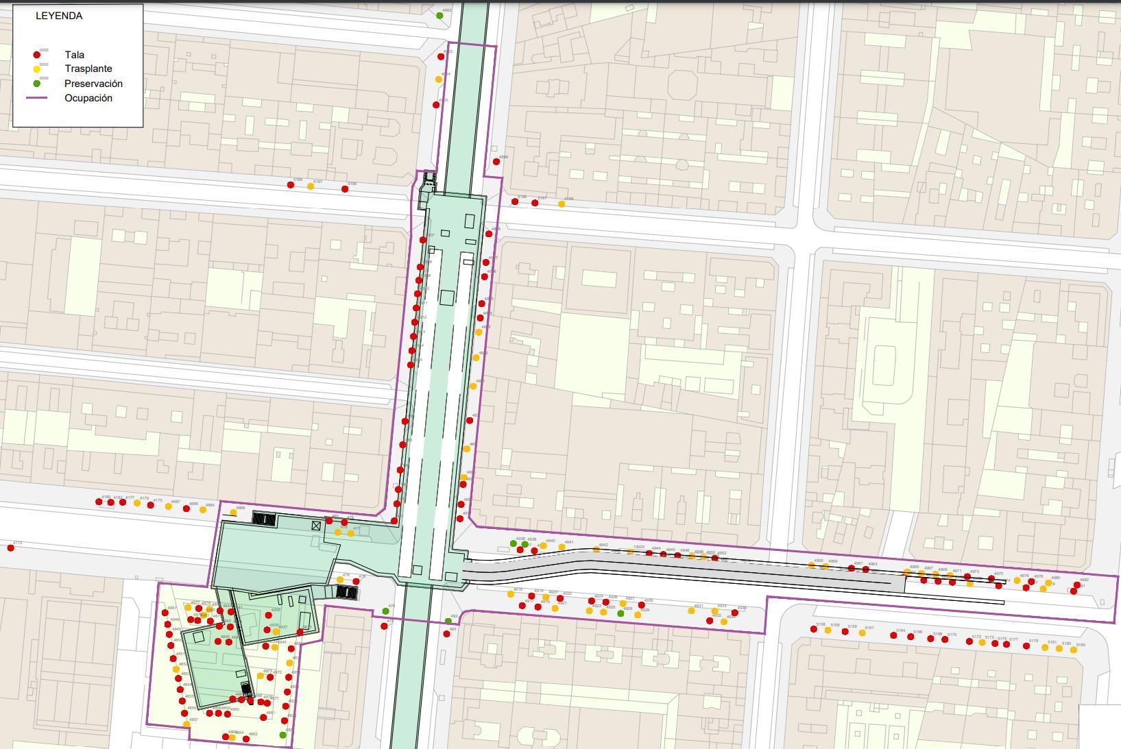 Proyecto original de talas (rojo), trasplantes (amarillo) y preservación (verde) de los árboles en el entorno de la estación de Palos de la Frontera y la calle Ancora.