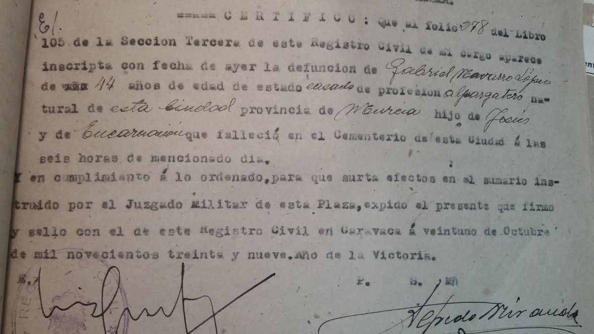 Certificado de defunción de Gabriel Navarro