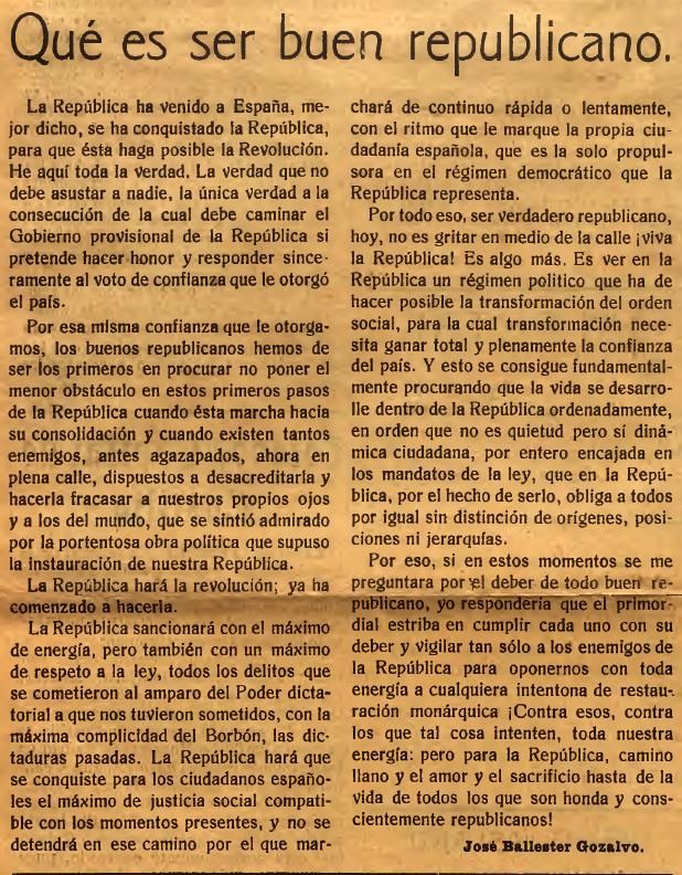 "Qué es ser buen republicano”, artículo de Ballester publicado en 'Vanguardia', periódico semanal de la Juventud Republicana Radical de Toledo, en mayo de 1931 (