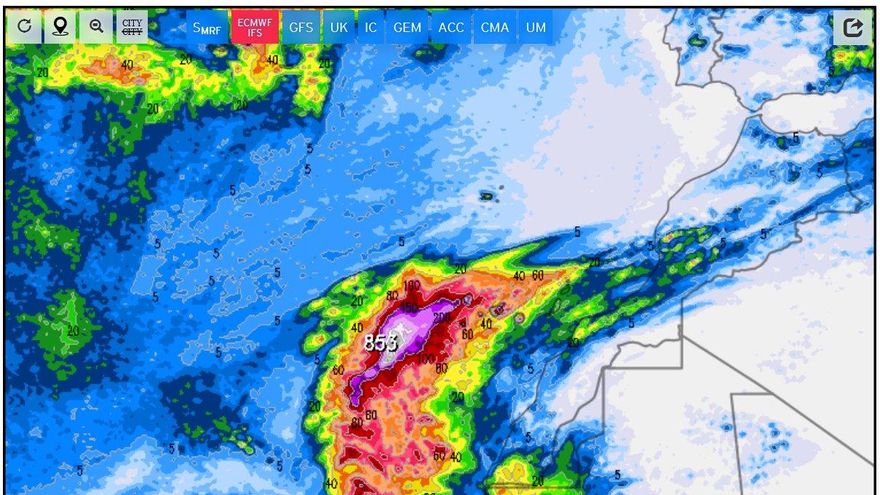Los modelos duplican en 24 horas la cantidad de agua que podría traer este sábado un ciclón tropical a Canarias