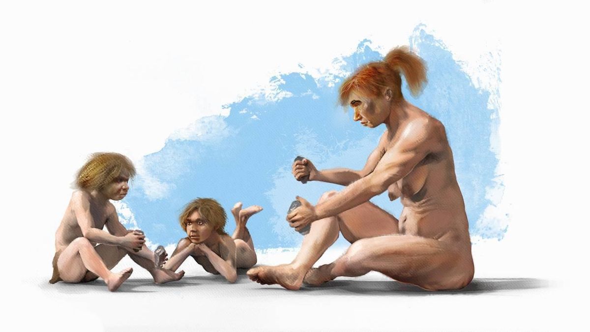 Una ilustración de una mujer neandertal enseñando a niños de la comunidad a tallar
