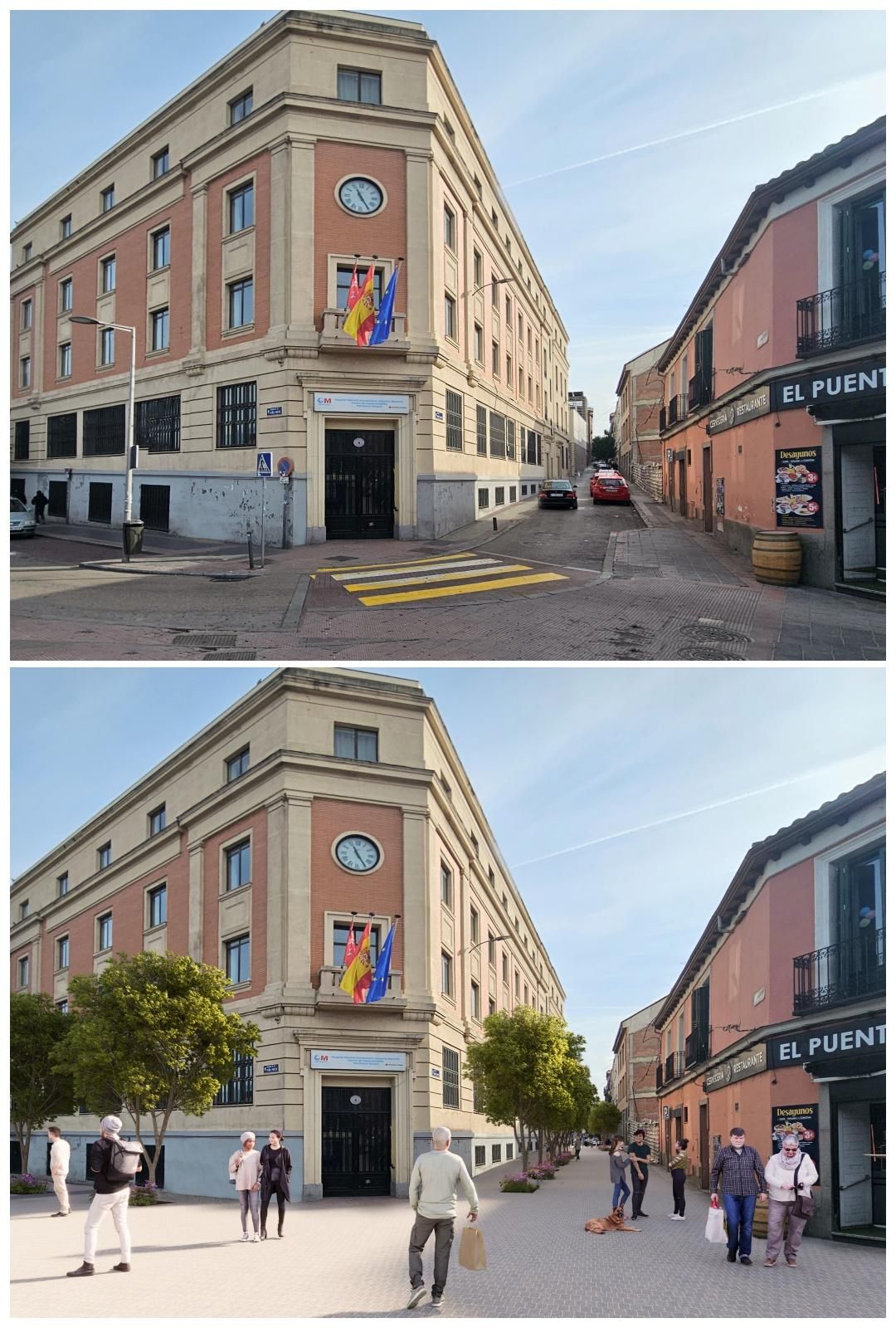 Estado actual y recreación con peatonalización de la calle Monte Oliveti.