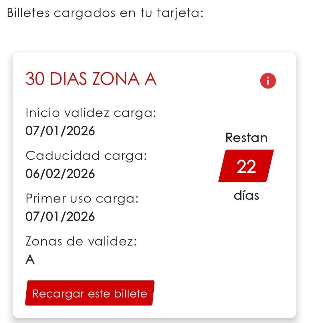 Captura de la información recopilada en la app MI Tarjeta Transporte, con la pestaña en la que proceder a su recarga.