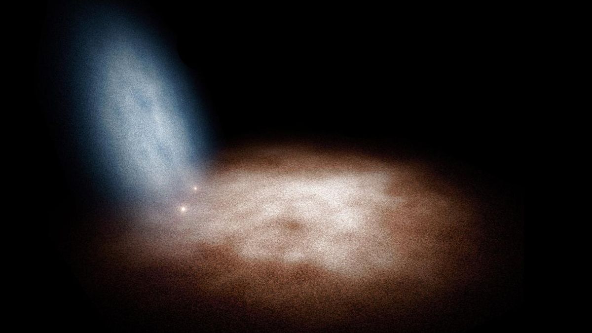 Representación de un encuentro entre Gaia-Encelado y el progenitor de la Vía Láctea, dando origen a nuestra galaxia.