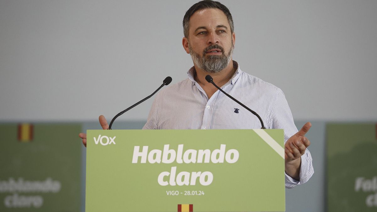 Archivo - El presidente de Vox, Santiago Abascal, interviene durante un acto de precampaña en Vigo, Pontevedra, Galicia (España), a 28 de enero de 2024.