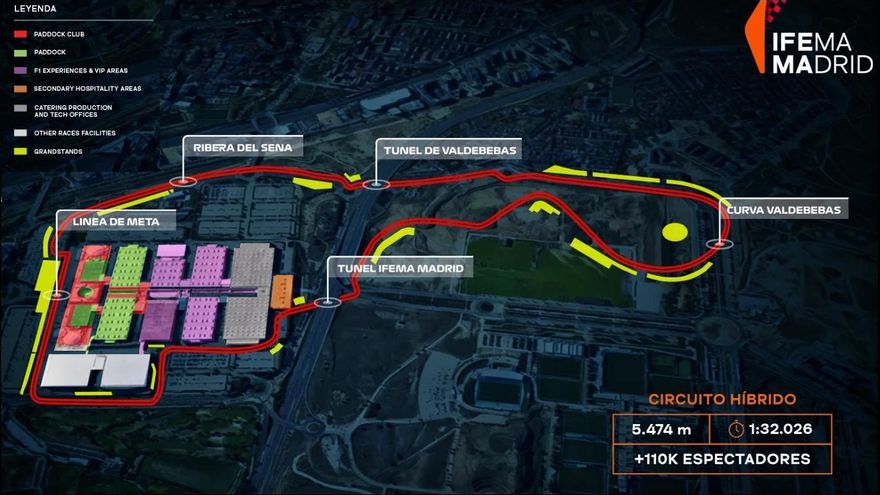 El circuito de la GP de F1 en Madrid: gradas para 140.000 espectadores y 1,5 kilómetros por las calles de la capital