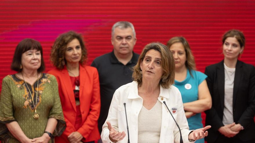 La cabeza de lista del PSOE al Parlamento Europeo y vicepresidenta tercera del Gobierno, Teresa Ribera, comparece durante el seguimiento de la jornada electoral de elecciones europeas, en la sede del PSOE, a 9 de junio de 2024,