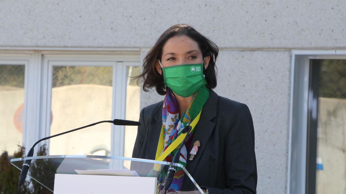 La ministra de Industria, Comercio y Turismo, Reyes Maroto, responde a los medios tras visitar la fábrica de materiales hospitalarios Becton Dickinson, en San Agustín de Guadalix.