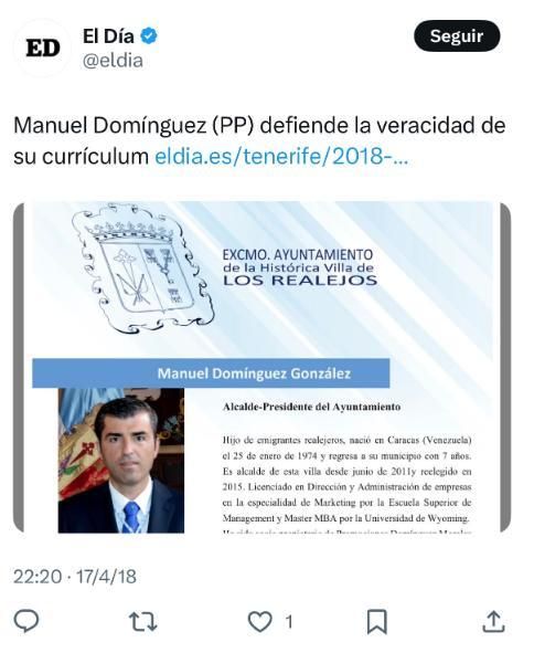 Comentario en Twitter de El Día en 2018 sobre la titulación académica de Domínguez. La noticia no está disponible.