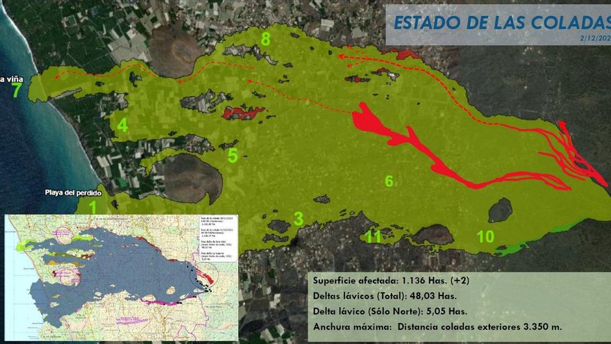 Nuevo aporte de lava, que avanza sobre coladas antiguas en La Palma