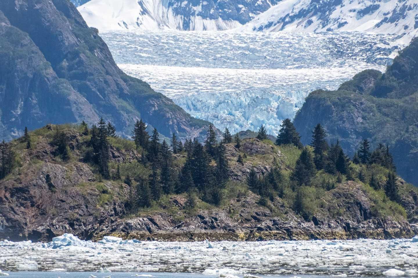 La isla Sawyer con el glaciar al fondo antes del tsunami (2022). 