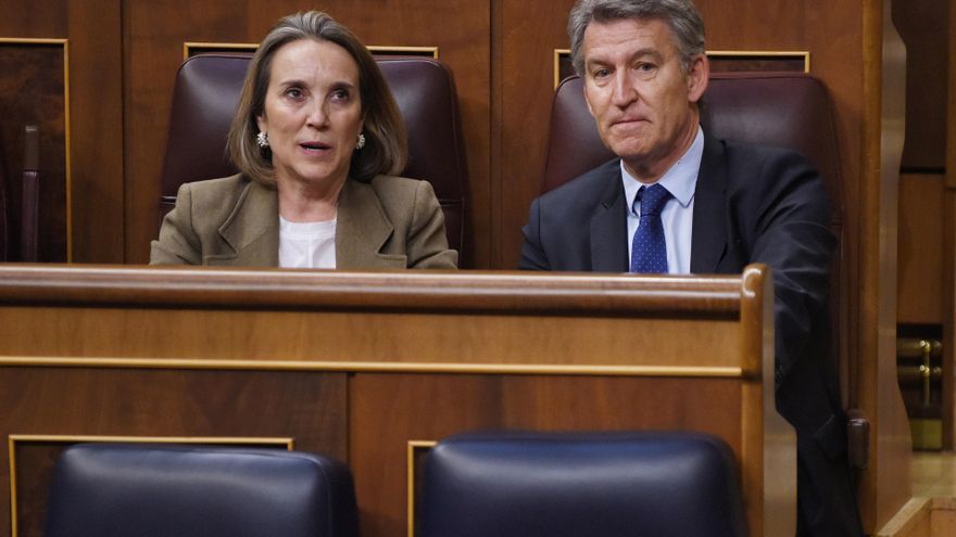 La secretaria general del PP, Cuca Gamarra y el presidente del PP, Alberto Núñez Feijóo, durante una sesión plenaria, a 28 de mayo de 2025, en Madrid (España).