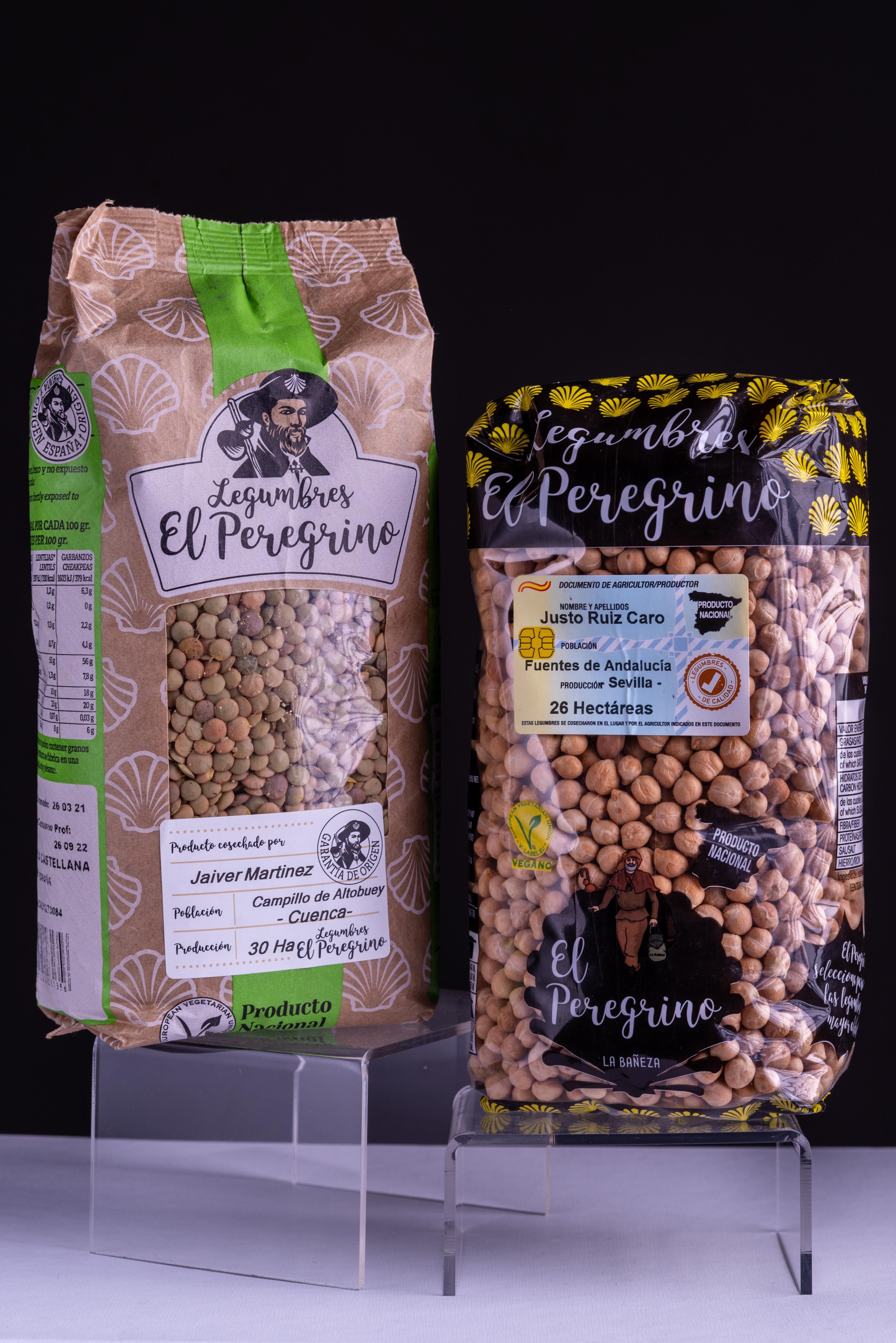 Algunos productos de Legumbres El Peregrino, con su DNI.