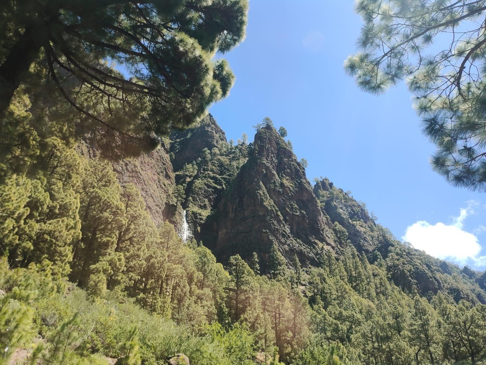 Una cascada en La Caldera de Taburiente originada este jueves por las intensas lluvias.