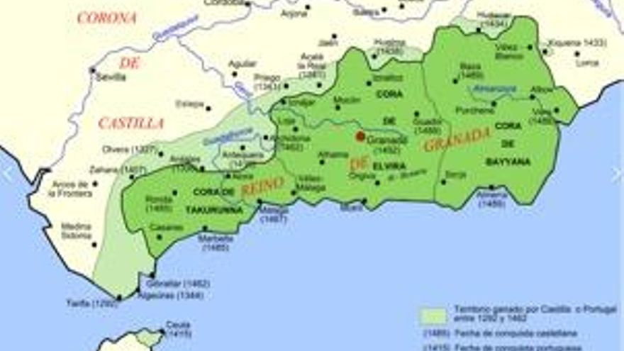 En verde el territorio del reino nazarí durante el siglo XV. En verde claro, los territorios conquistados por los reinos cristianos desde el siglo XIII, incluyendo Ceuta.