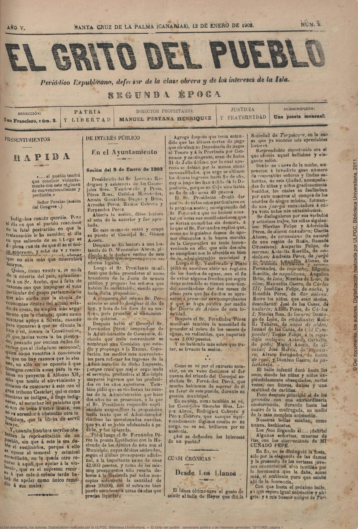 'El grito del pueblo', semanario político y de intereses generales. 12-1-1902