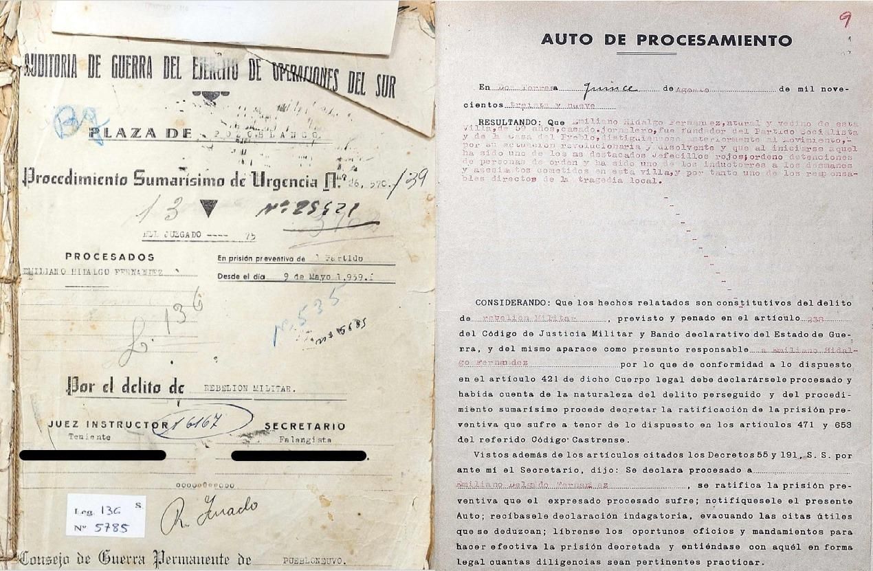 Dos de los 116 folios del expediente militar que sentenció a muerte al ex alcalde de Dos Torres