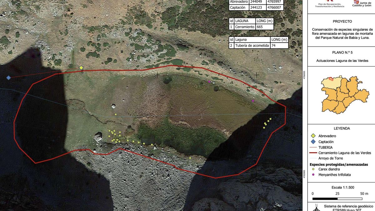 Detalle del proyecto de vallado prevista en la laguna de Las Verdes en Babia una de las cuatro.
