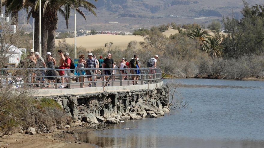 Numerosos turistas pasean en la zona de la charca de Maspalomas este jueves Santo. EFE/ Elvira Urquijo A.