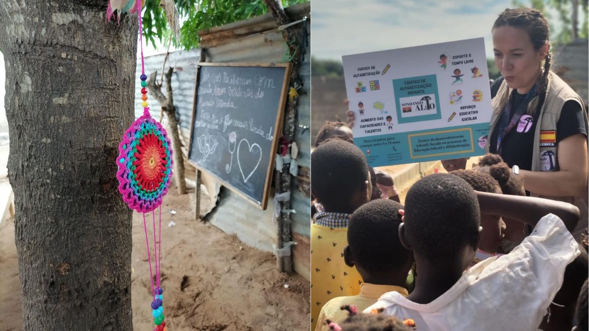 A la izquierda, la pizarra con la que empezó el germen de la escuela. A la derecha, la directora de Mundo Orenda, Rebeca Herrera, explicando a los niños el proyecto en el que aspiraban a convertirse
