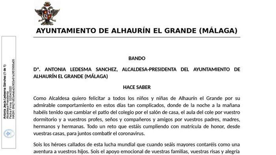 Extracto del bando municipal de la alcaldesa infantil de Alhaurín el Grande (Málaga), íntegro al final de esta publicación