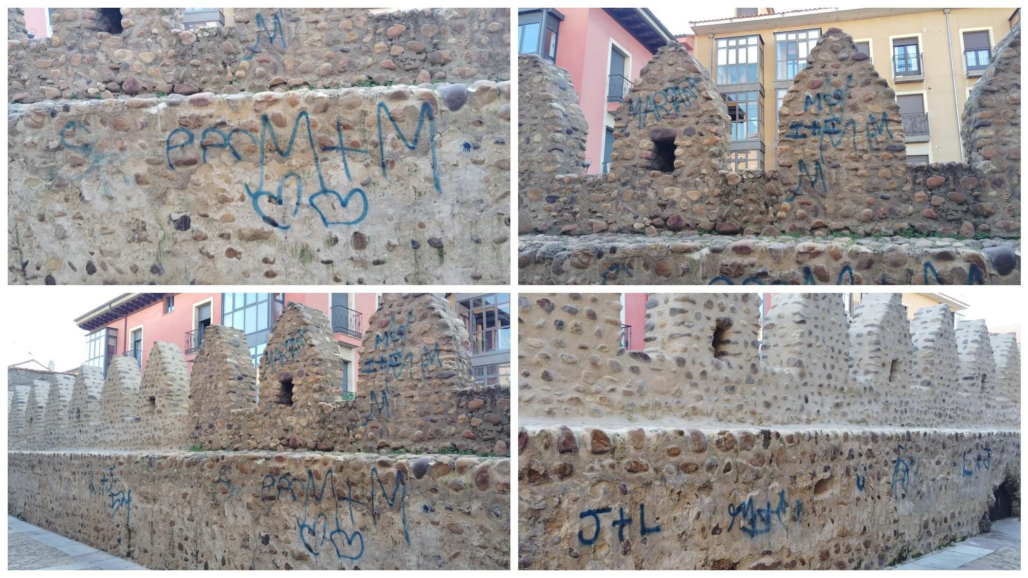 Recientes pintadas sobre la muralla de León en el tramo de Las Cercas, en el entorno de San Francisco.