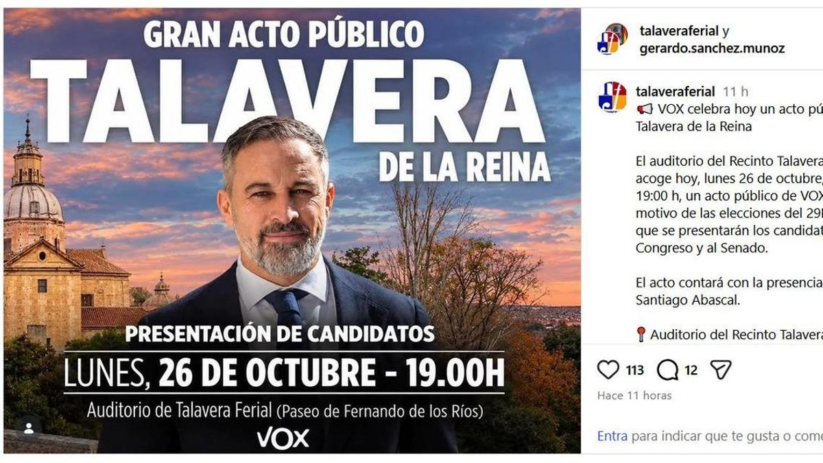 Una cuenta institucional del Ayuntamiento de Talavera hace "propaganda" de Vox y Abascal en redes sociales