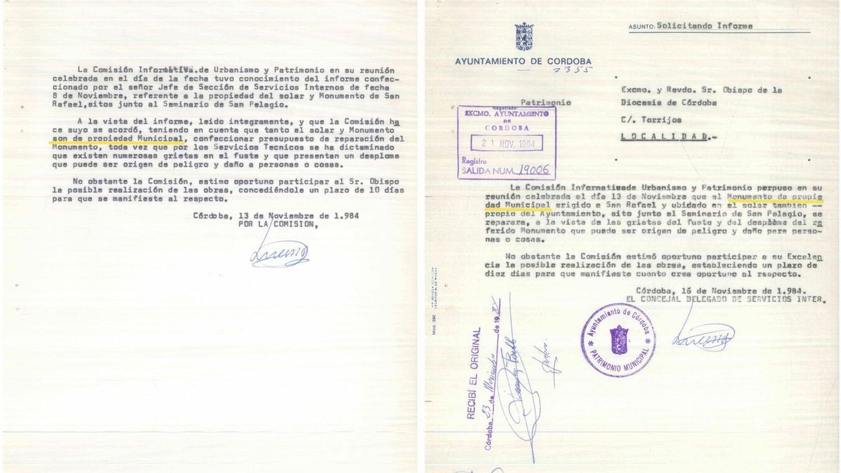A la izquierda, informe de la Comisión de Urbanismo que certifica la "propiedad municipal" de la Plaza del Triunfo en 1984. A la derecha, oficio enviado al obispo días después informando de que el "monumento propiedad municipal" erigido a San Rafael iba a ser restaurado