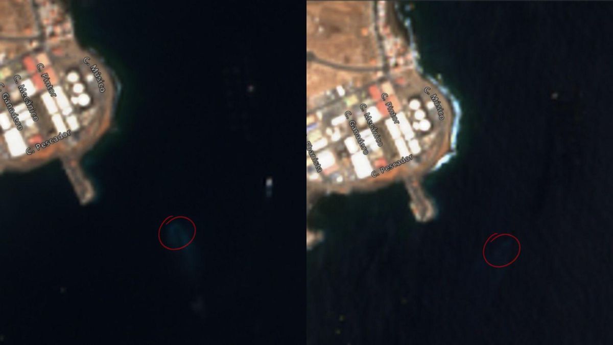 La imagen de la izquierda es del 3 de octubre. La de la derecha, del 3 de septiembre. En ambas está marcado con un círculo rojo el emisario 222