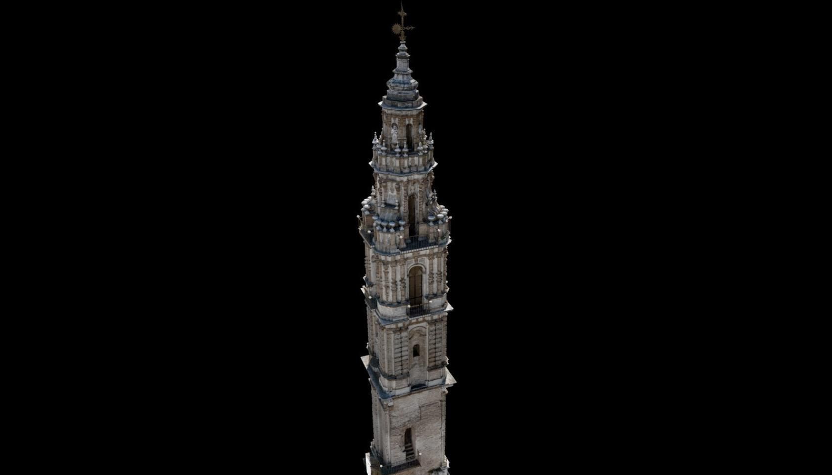 La torre posee cinco cuerpos de distinto orden arquitectónico, y en su construcción se usó principalmente el ladrillo, reservando la piedra para reforzar su basamento y para detalles como las cornisas o el chapitel