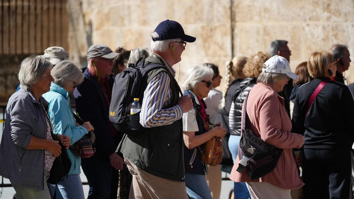 Un grupo de turistas por el centro de Sevilla.