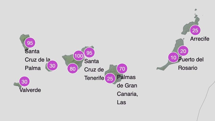 Probabilidad de lluvia, según la Aemet, entre las seis de la tarde del lunes y la medianoche