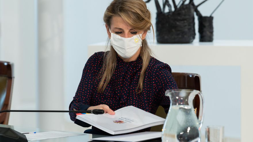 La ministra de Trabajo, Yolanda Díaz, el día que Pablo Iglesias que se presentará a las autonómicas de Madrid