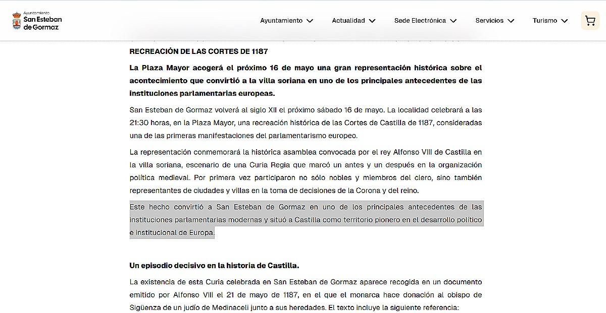 La web del Ayuntamiento de San Esteban de Gormaz asegurando que Castilla es un 'territorio oionero en el desarrollo político e institucional de Europa'.
