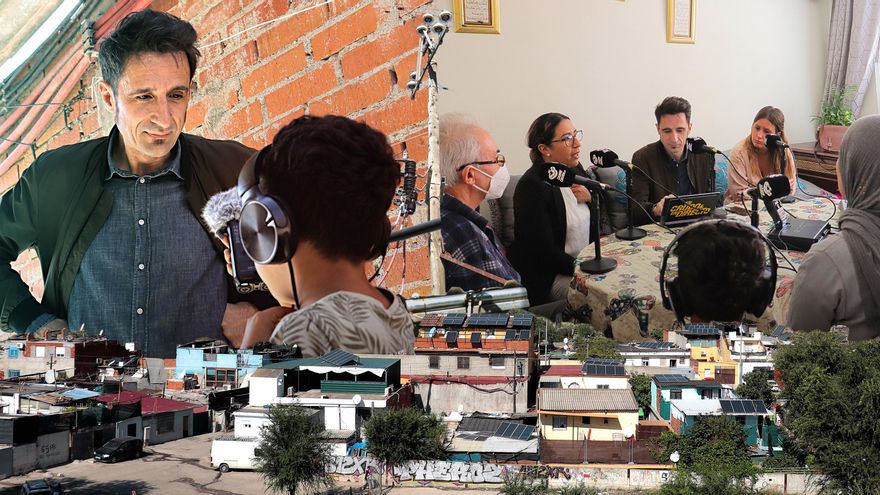 Abajo una parte del sector 6 de la Cañada Real, ahora con paneles solares, arriba Badro entrevista a Javier Gallego y a su derecha este entrevista a vecinos de la Cañada y a Alejandra Jacinto de Podemos