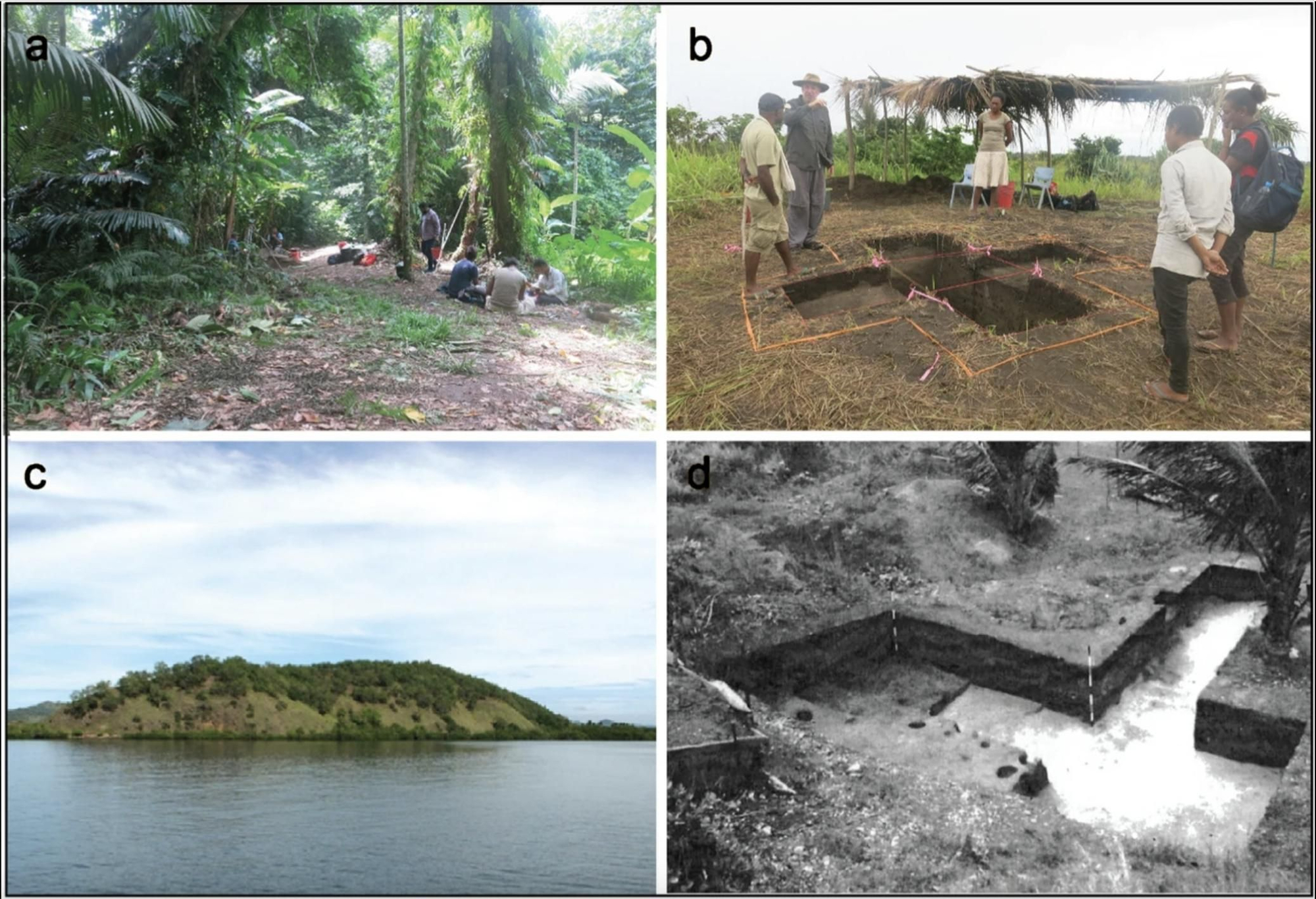 a Veirarupu, vista al noreste a lo largo de la duna hasta la excavación. b Excavaciones de Agila completadas. c Isla Motupore. d Excavaciones de Motupore, vista al norte, Cuadrados J y K