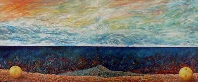 'Dos frutas y volcán dormido'. Óleo sobre lienzo, 130 x 65 cm. Óscar Lorenzo, 2013.