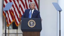 US President Donald J. Trump delivers remarks in the Rose Garden at the White House in Washington, DC, USA.